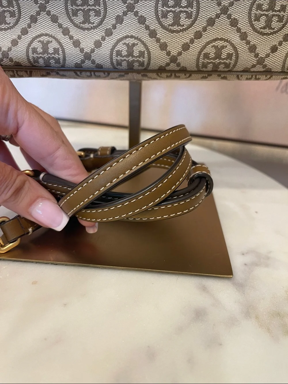 Tory Burch Beige Logo Jacquard Shoulder Bag with Gold Hardware Accent